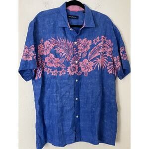 Tommy Bahama Shirt Mens Large Linen Floral Hawaiian Short Sleeve Button Up Aloha